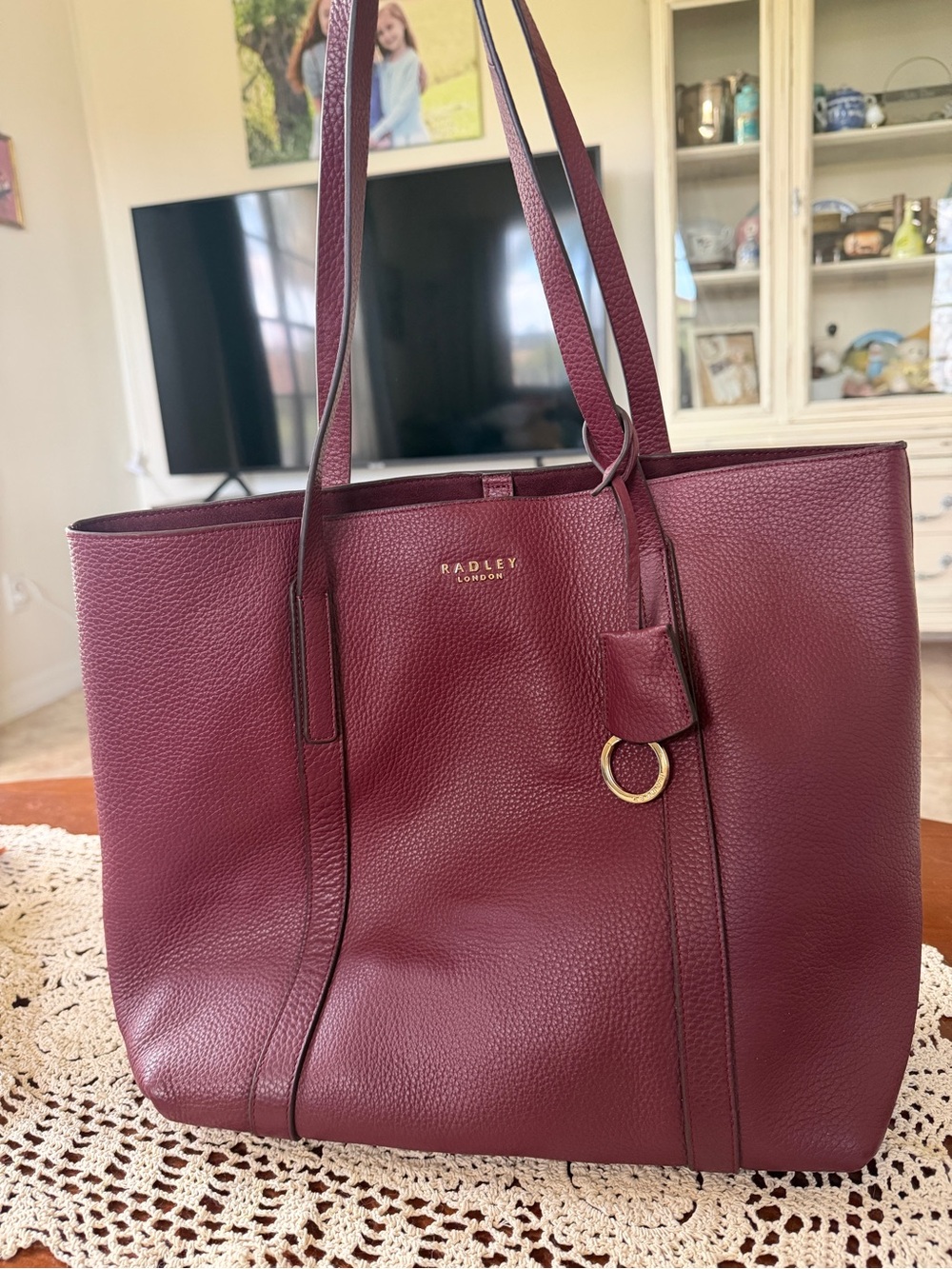 RADLEY LONDON Wine-Red Pebbled Leather Tote with Gold Accent